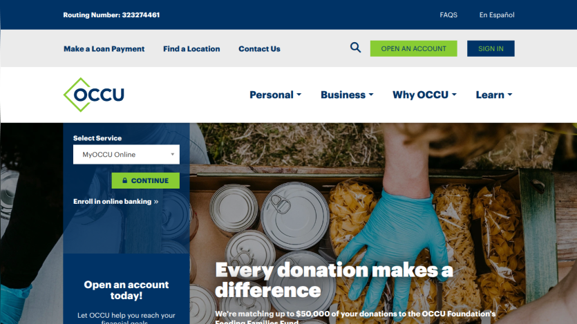 Credit union homepage with navigation bar, account service login, and hero section promoting donations.