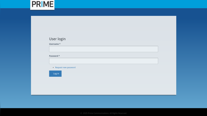 Prime Communications login page with username and password fields and a request new password link