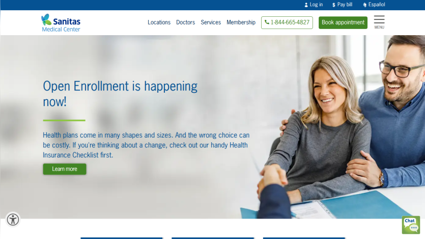 Sanitas Medical Center homepage with open enrollment announcement, health insurance checklist, and appointment booking options