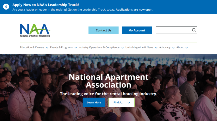 National Apartment Association homepage featuring leadership track announcement and event audience.