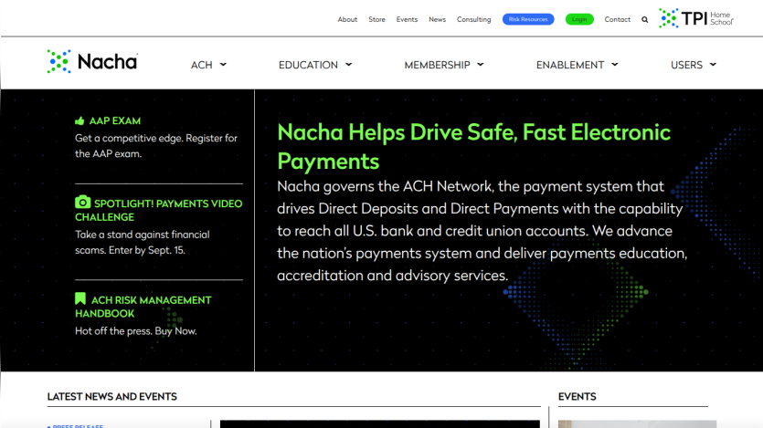 Nacha website promoting safe electronic payments with key information and navigation links.