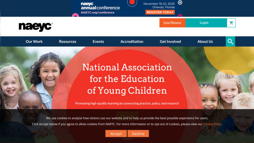 Homepage of the National Association for the Education of Young Children, featuring children and key mission statement.