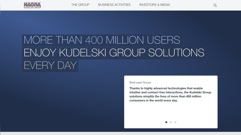 Homepage of Kudelski Group highlighting user engagement statistics.
