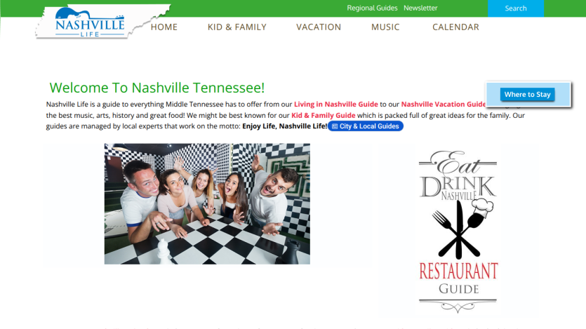 Welcome message for Nashville, Tennessee with images of families enjoying food.