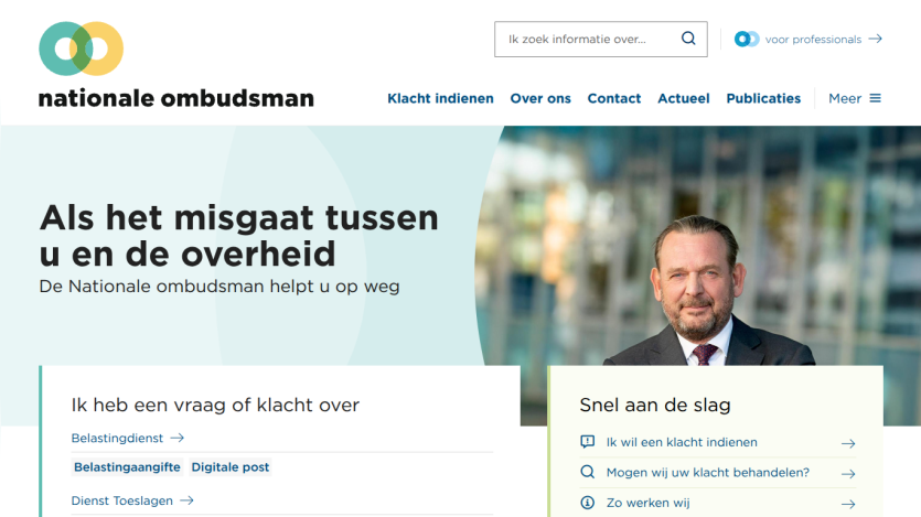 Nationale ombudsman website offering help with complaints against government, with navigation and quick links.
