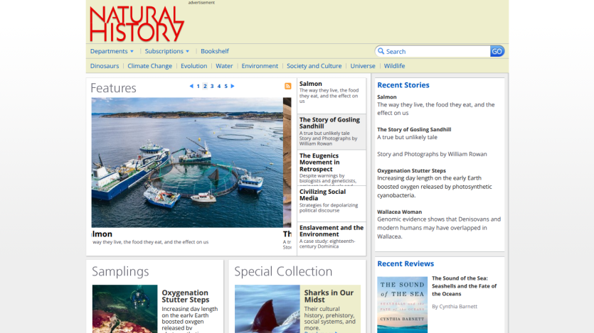 Natural History website homepage featuring articles on gosling sandhill, oxygenation stutter steps, and sharks in our midst