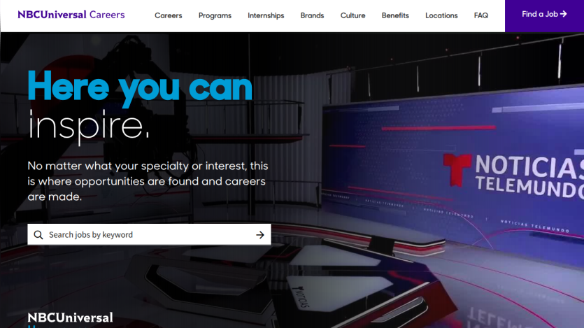 NBCUniversal Careers homepage with headline 'Here you can inspire' and a search bar for job keywords