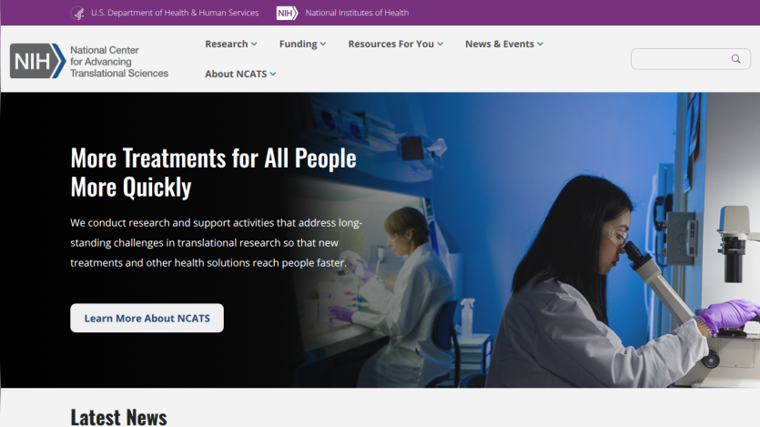 NCATS homepage with headline about accelerating treatments and image of scientists working in a lab