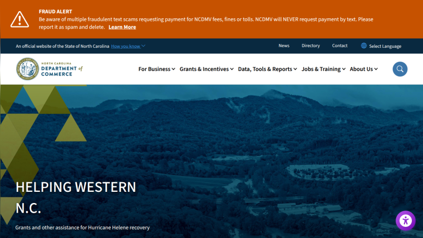 North Carolina Department of Commerce homepage with navigation and hero section about helping Western NC with Hurricane Helene recovery grants