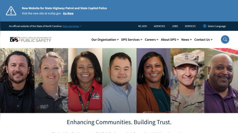 Public safety website showcasing diverse team members and mission statement.