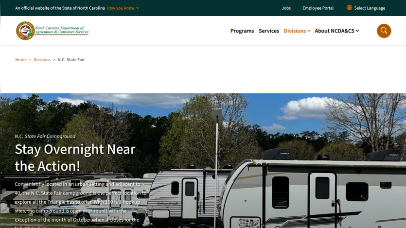 N.C. State Fair Campground page promoting overnight stay with full-hookup sites near I-40
