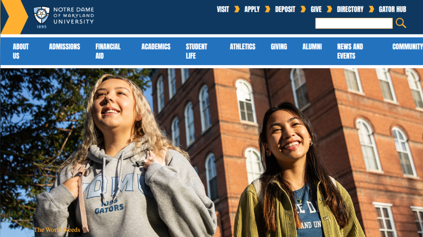 Notre Dame of Maryland University homepage with navigation links and a smiling woman in a gym setting