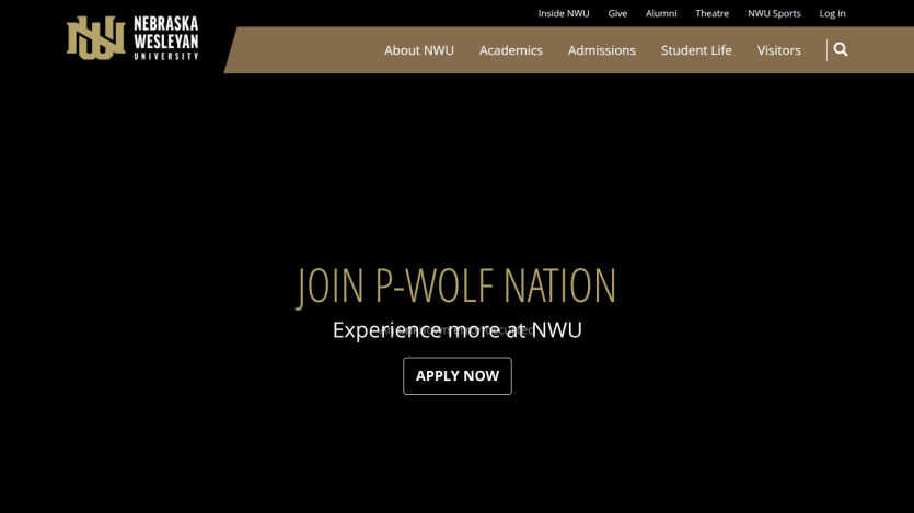 Join P-Wolf Nation at Nebraska Wesleyan University with an 'Apply Now' button.