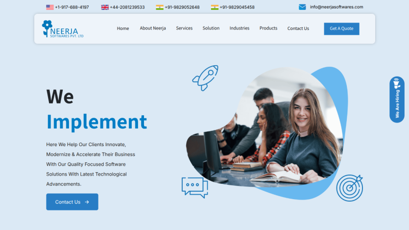 Homepage of a software solutions company featuring a team working together.