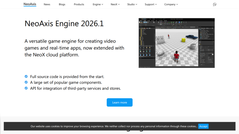 NeoAxis Engine 2026.1 webpage showcasing game engine features and a call to action.