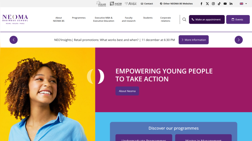 NEOMA Business School homepage featuring empowerment message and navigation to programmes and events.