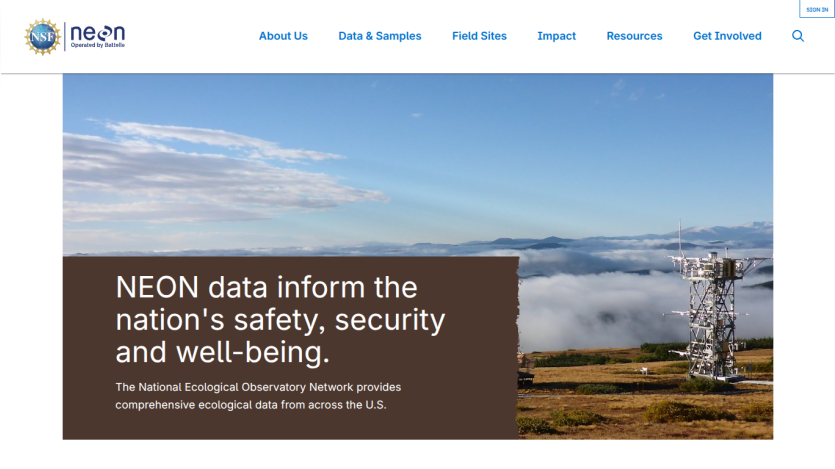 National Ecological Observatory Network homepage with data safety and security message and landscape image with monitoring tower