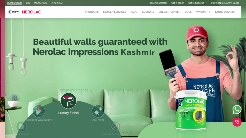 Nerolac Impressions Ideaz paint product promotion with texture options and a smiling man holding a paintbrush
