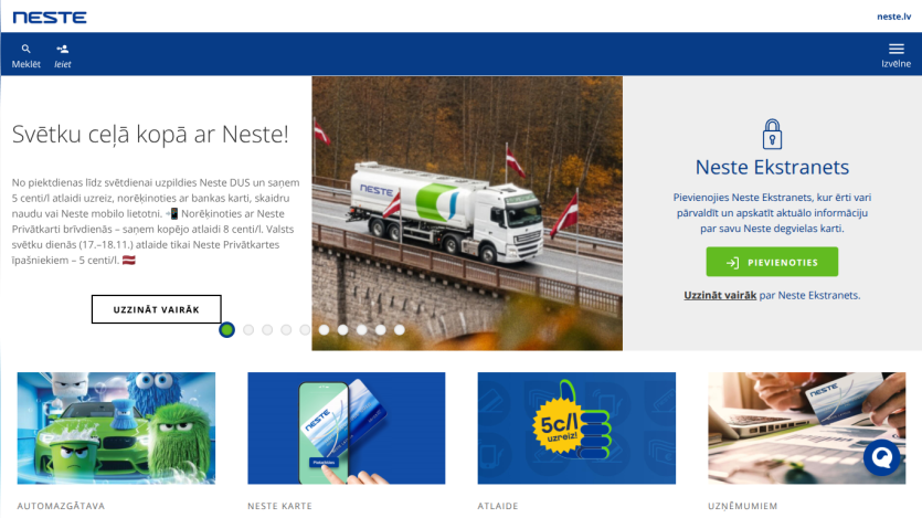 Neste website hero section promoting holiday fuel discounts and Neste Ekstranets account management