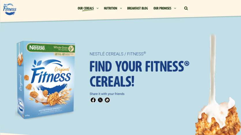 Nestlé Fitness cereals box with a call to action to find Fitness cereals.