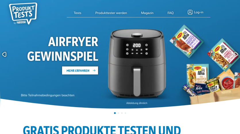 Nestlé Produkt Tests website with Airfryer Gewinnspiel promotion and product images on blue background