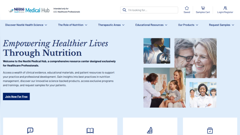 Nestlé Medical Hub for U.S. Healthcare Professionals offering nutrition resources, clinical evidence, and free membership