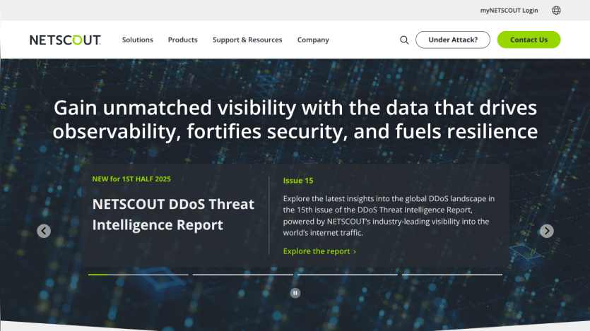 NETSCOUT homepage featuring DDoS Threat Intelligence Report with a call to explore the report.