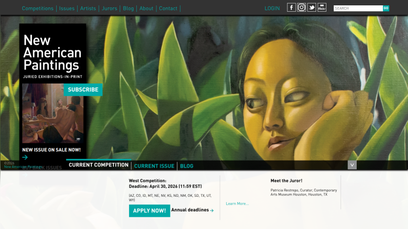 Homepage of New American Paintings featuring a competition announcement and subscription option.