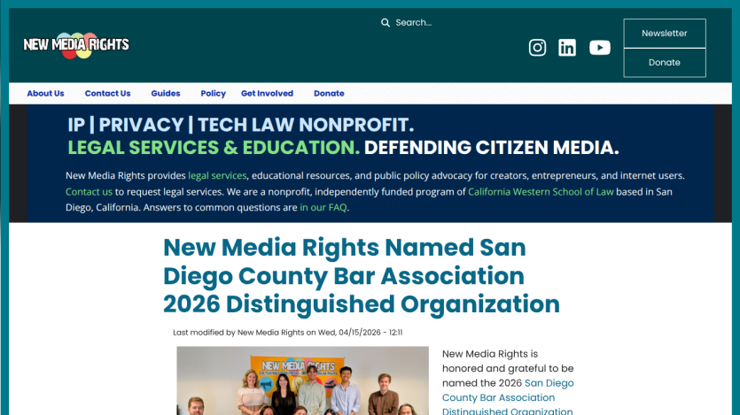 New Media Rights announcement about being named a distinguished organization by the San Diego Bar Association.
