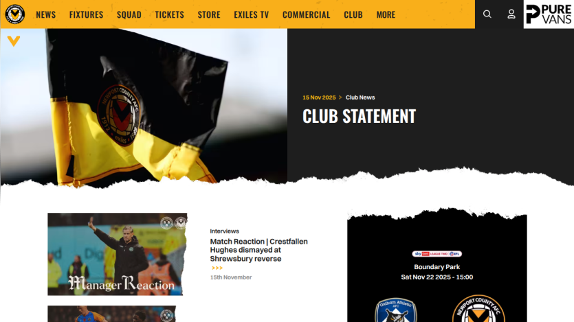 Newport County AFC club statement dated 15 Nov 2025 with news, fixtures, squad, tickets, and match reaction sections