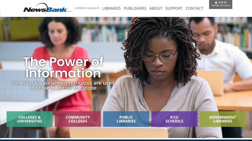 Homepage of NewsBank highlighting 'The Power of Information' with categories for libraries.