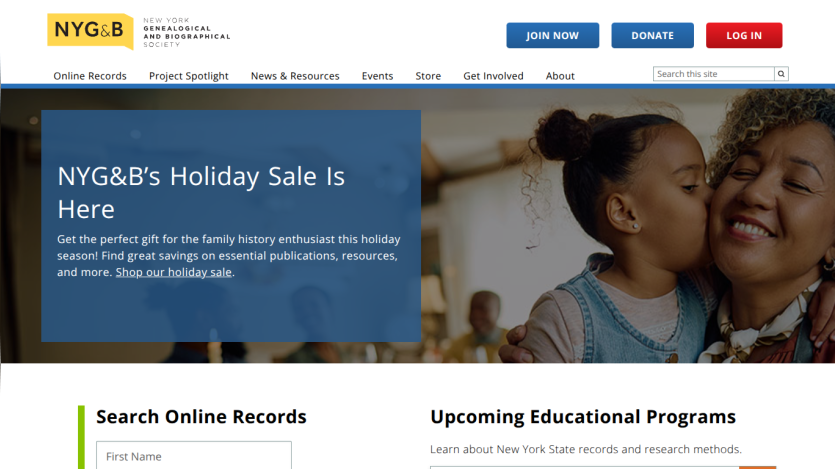 NYG&B holiday sale promotion with navigation menu and options to join, donate, or log in