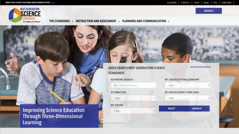 Website for science education standards with a search feature and images of students.