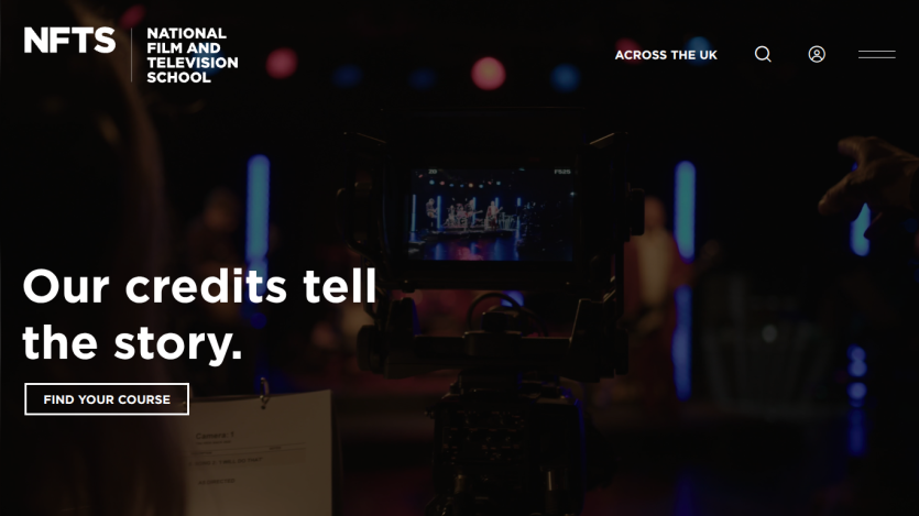 National Film and Television School homepage with headline 'Our credits tell the story' and a button to find courses