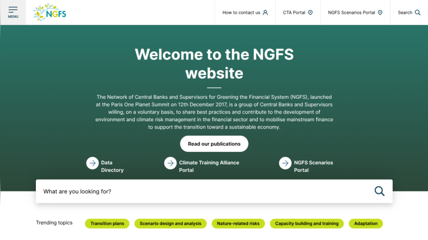 NGFS website homepage with welcome message, navigation links, search bar, and trending topics.