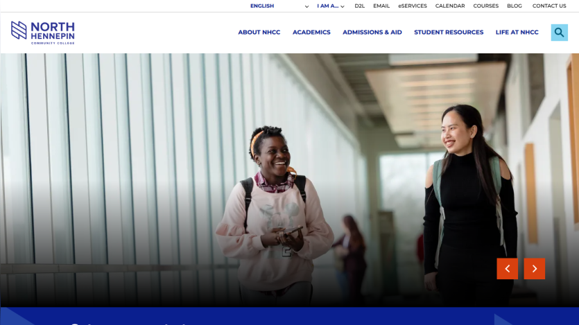 North Hennepin Community College website with navigation and hero image promoting free college tuition