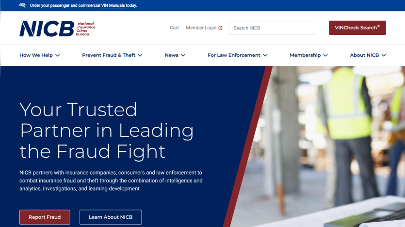 Homepage of NICB featuring a tagline about leading the fraud fight and navigation options.