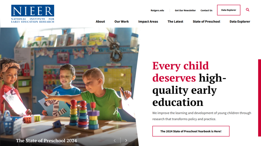 National Institute for Early Education Research homepage with children playing and text about high-quality early education