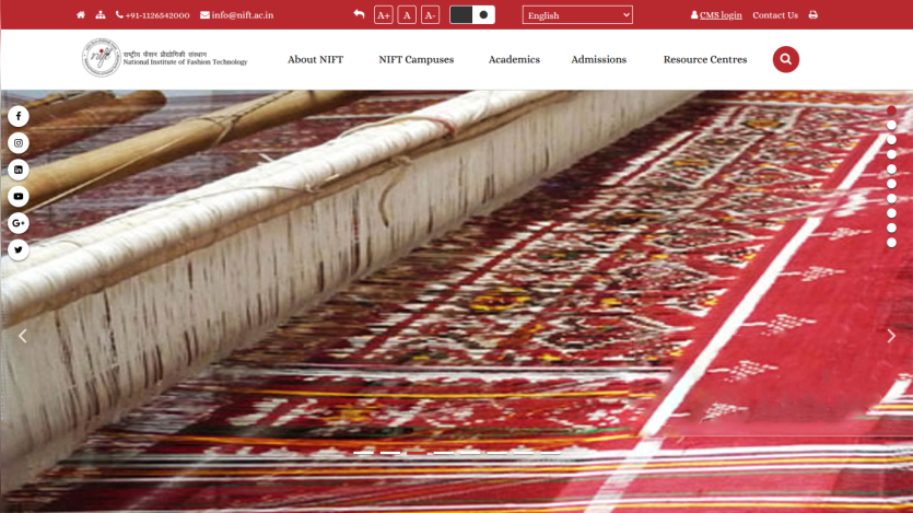 National Institute of Fashion Technology website celebrating 40 years with navigation menu and logo