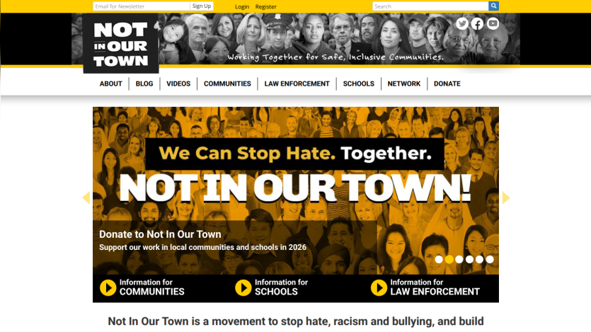Homepage of Not In Our Town with a call to action against hate and bullying.
