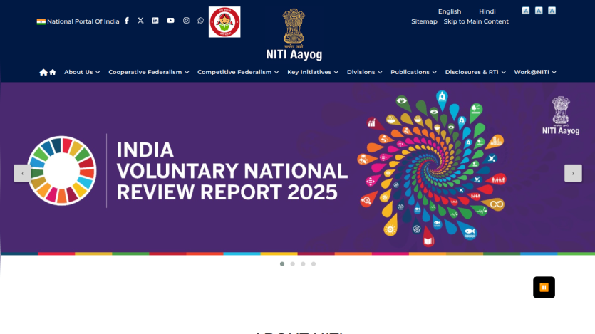 NIITI Aayog website featuring the India Voluntary National Review Report 2025.