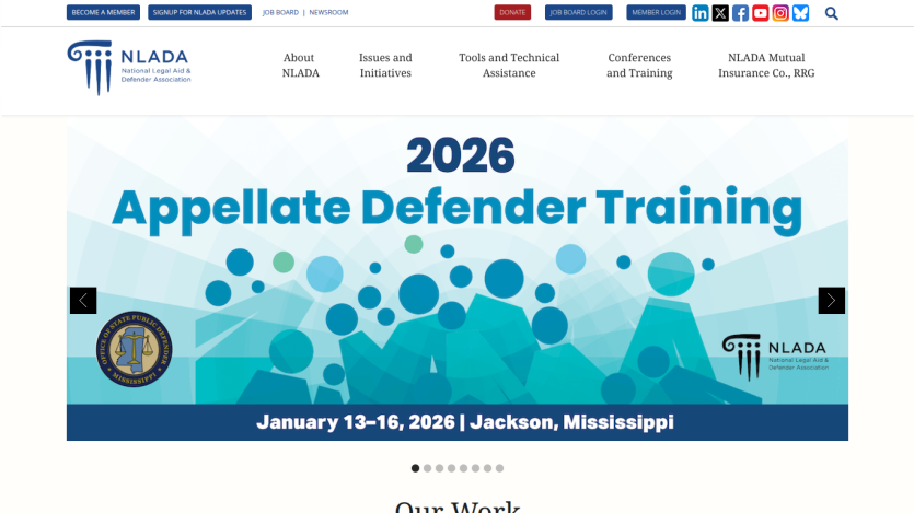 NLADA website header with navigation and 2026 Appellate Defender Training event in Jackson, Mississippi, January 13-16, 2026