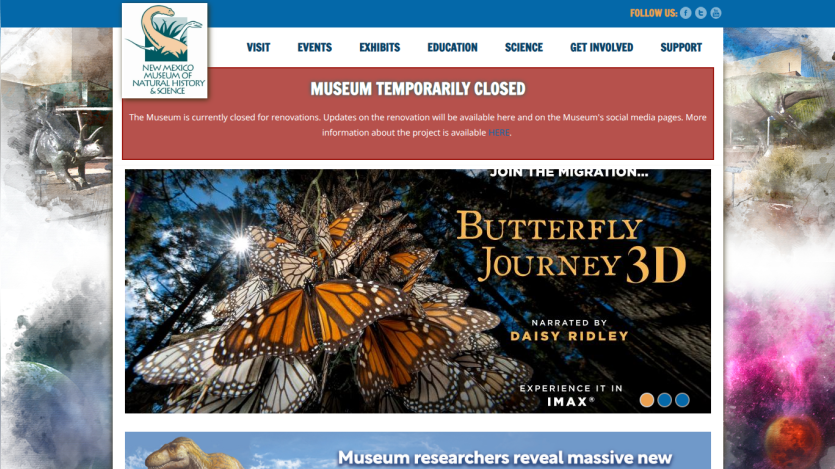 New Mexico Museum of Natural History & Science website with closure notice and Ancient Life exhibit promotion
