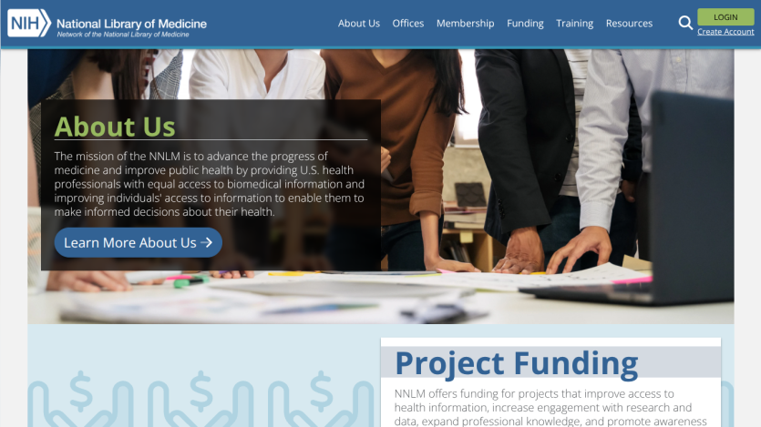 National Library of Medicine's 'About Us' section with project funding information.