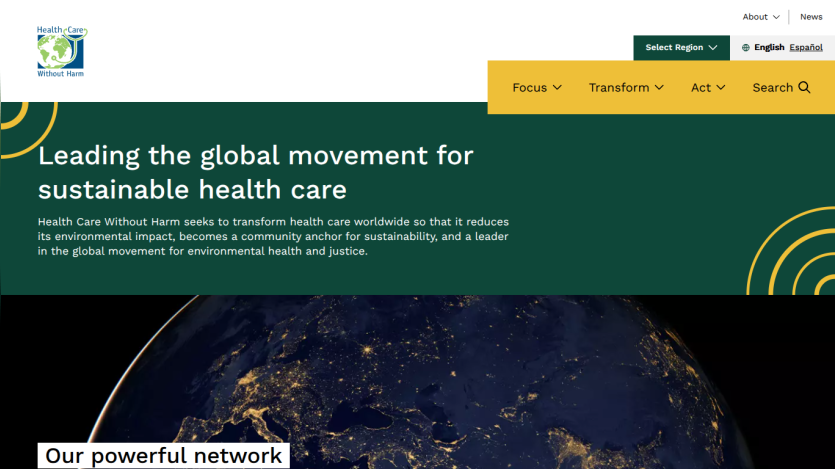 Website header with navigation and hero section promoting sustainable health care and global environmental health leadership