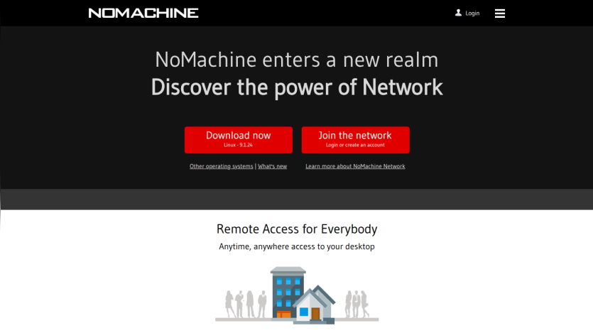 NoMachine homepage featuring a call to action for remote access services.
