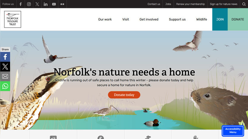 Norfolk Wildlife Trust homepage with a nature illustration and call to donate for securing a home for nature in Norfolk