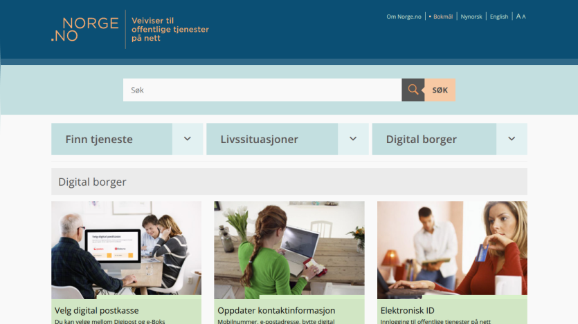 Norge.no homepage with search bar, navigation tabs, and digital citizen services including digital mailbox, contact info update, and electronic ID