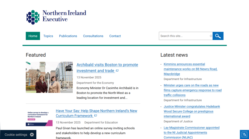 Northern Ireland Executive homepage with featured news on investment promotion and curriculum framework, plus latest news headlines