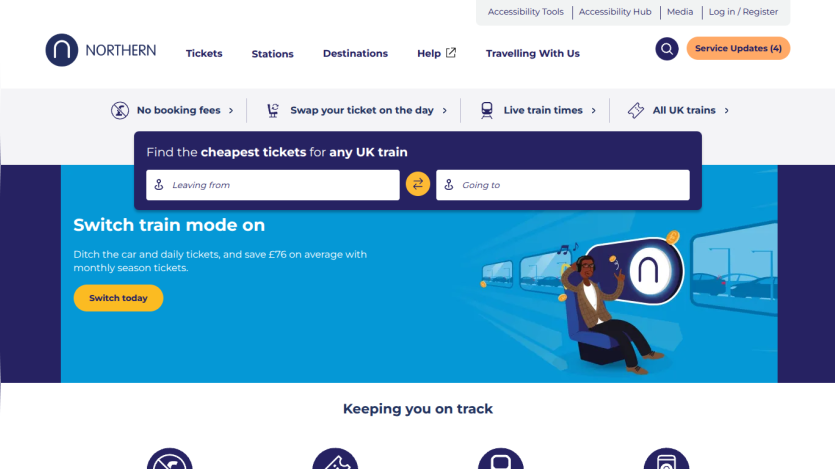 Train ticket booking interface with search bar and promotional message.